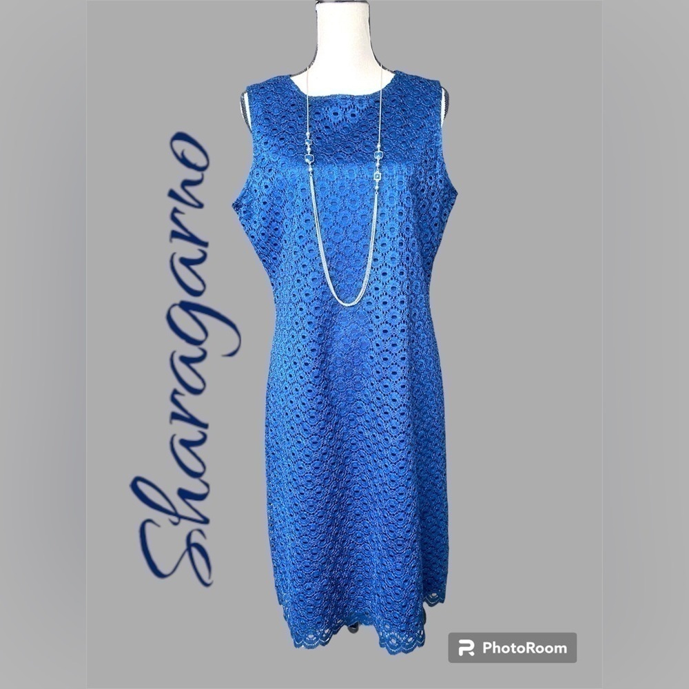 Sharagano-size 14 navy blue lace overlay sheath dress. Back zip.  Worn once EUC!